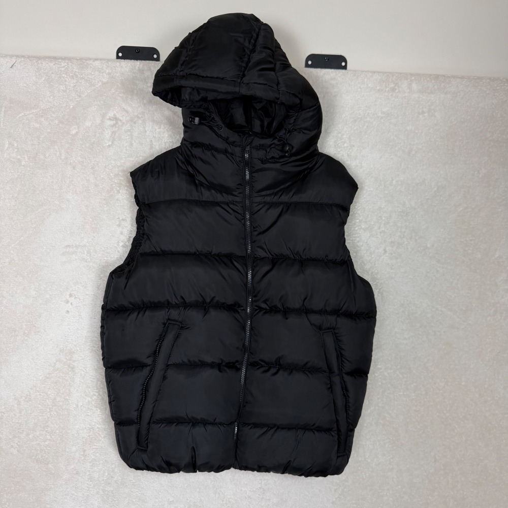 Black Puffer Vest Hooded Zip Up Minimalist Athleisure Winter Layer Large